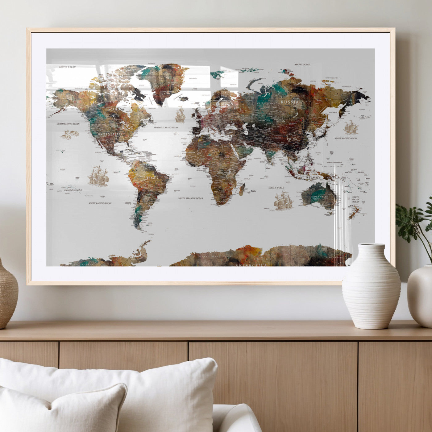 82293175-MGV-CV-36X24 - World Map Wall Art Canvas Print, Modern Decorative Framed Map Artwork Prints for Living Room, Office, Bedroom Wall Decor