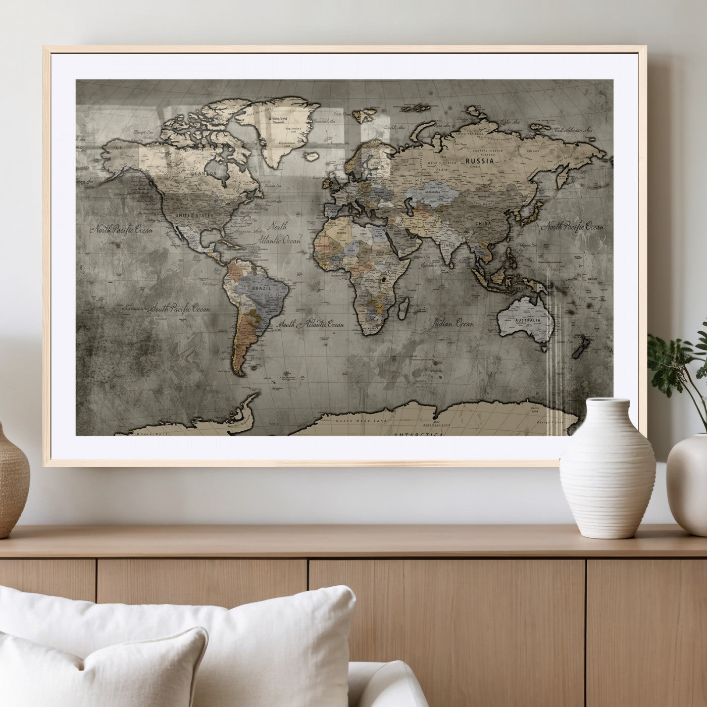 85218700-MGV-CV-36X24 - World Map Wall Art Canvas Print, Modern Decorative Framed Map Artwork Prints for Living Room, Office, Bedroom Wall Decor