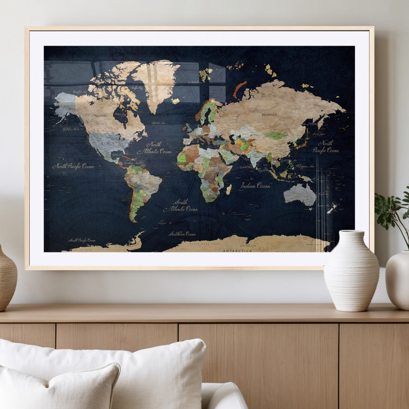 76603563-MGV-CV-36X24 - World Map Wall Art Canvas Print, Modern Decorative Framed Map Artwork Prints for Living Room, Office, Bedroom Wall Decor
