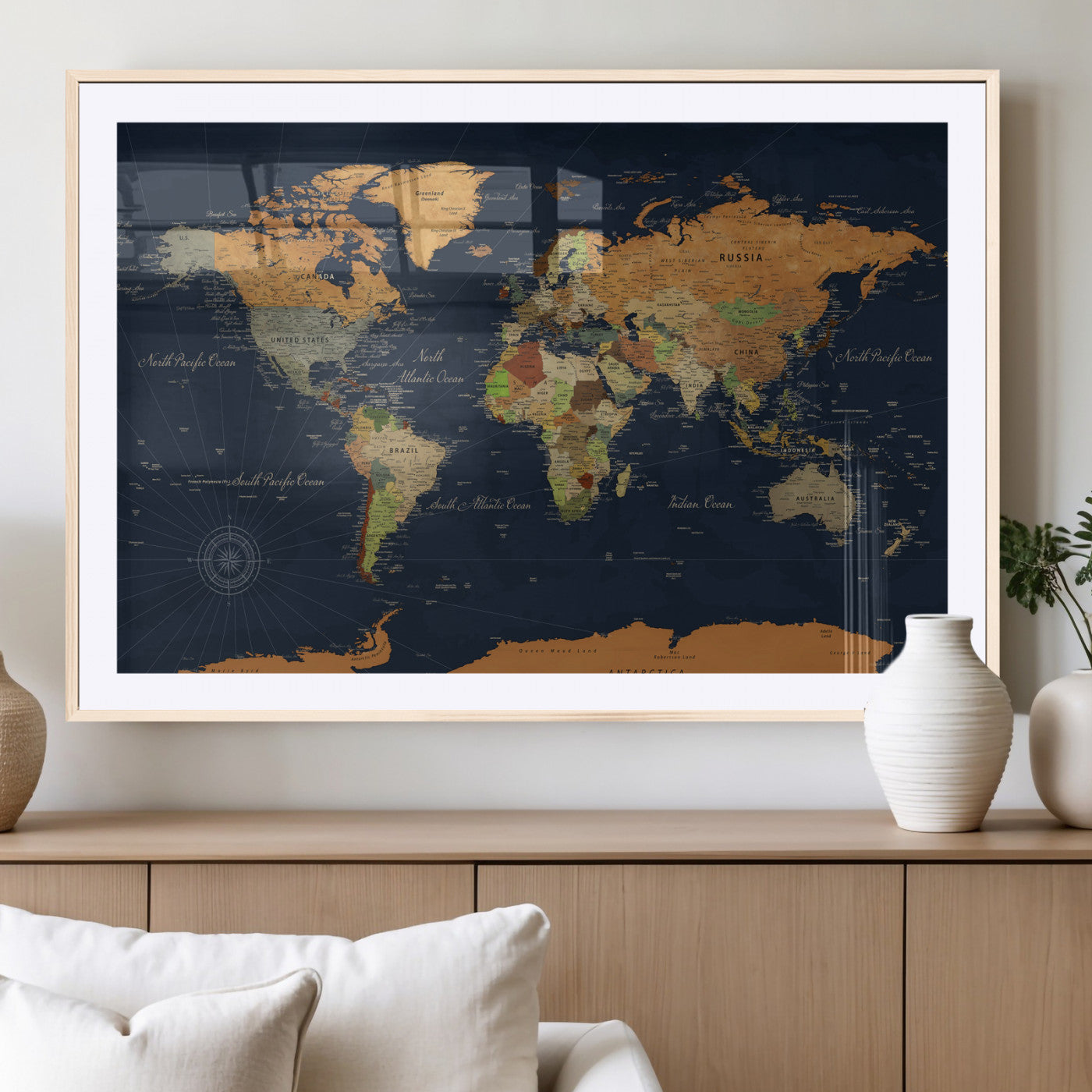 11715182-MGV-CV-36X24 - World Map Wall Art Canvas Print, Modern Decorative Framed Map Artwork Prints for Living Room, Office, Bedroom Wall Decor