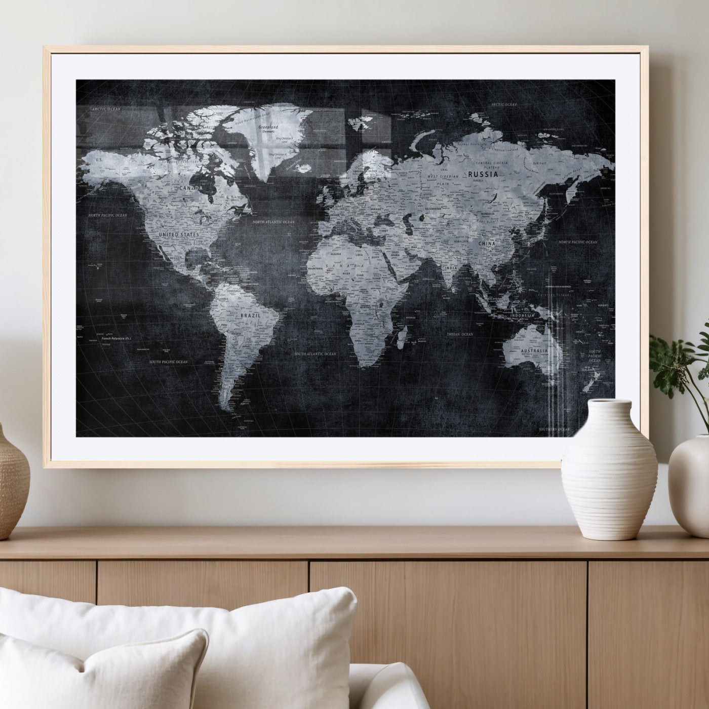 86893704-MGV-CV-36X24 - World Map Wall Art Canvas Print, Modern Decorative Framed Map Artwork Prints for Living Room, Office, Bedroom Wall Decor