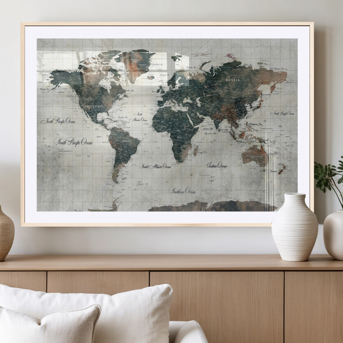 91179593-MGV-CV-36X24 - World Map Wall Art Canvas Print, Modern Decorative Framed Map Artwork Prints for Living Room, Office, Bedroom Wall Decor