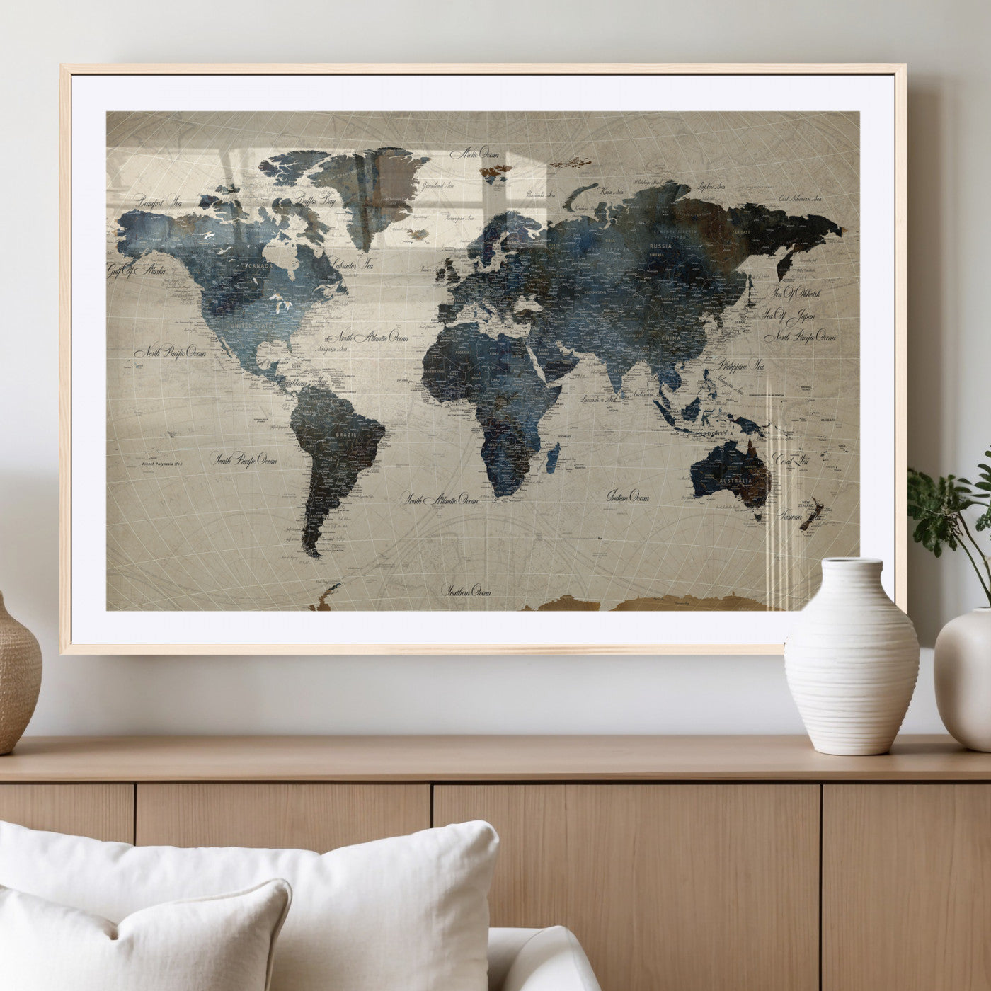 72927803-MGV-CV-36X24 - World Map Wall Art Canvas Print, Modern Decorative Framed Map Artwork Prints for Living Room, Office, Bedroom Wall Decor