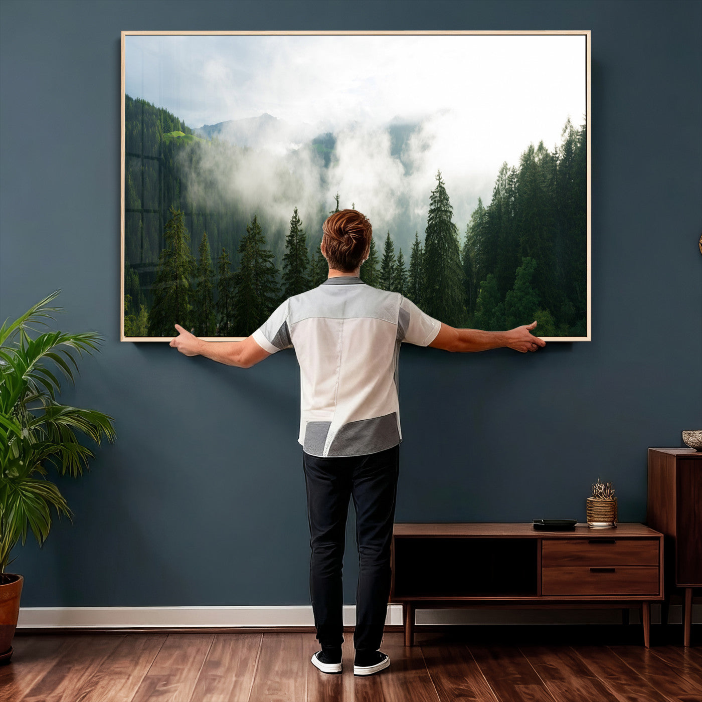 67174129-MGV-CV-36X24 - Misty Mountain Forest Canvas Print, Foggy Pine Trees Nature Wall Art, Framed Canvas Ready to Hang