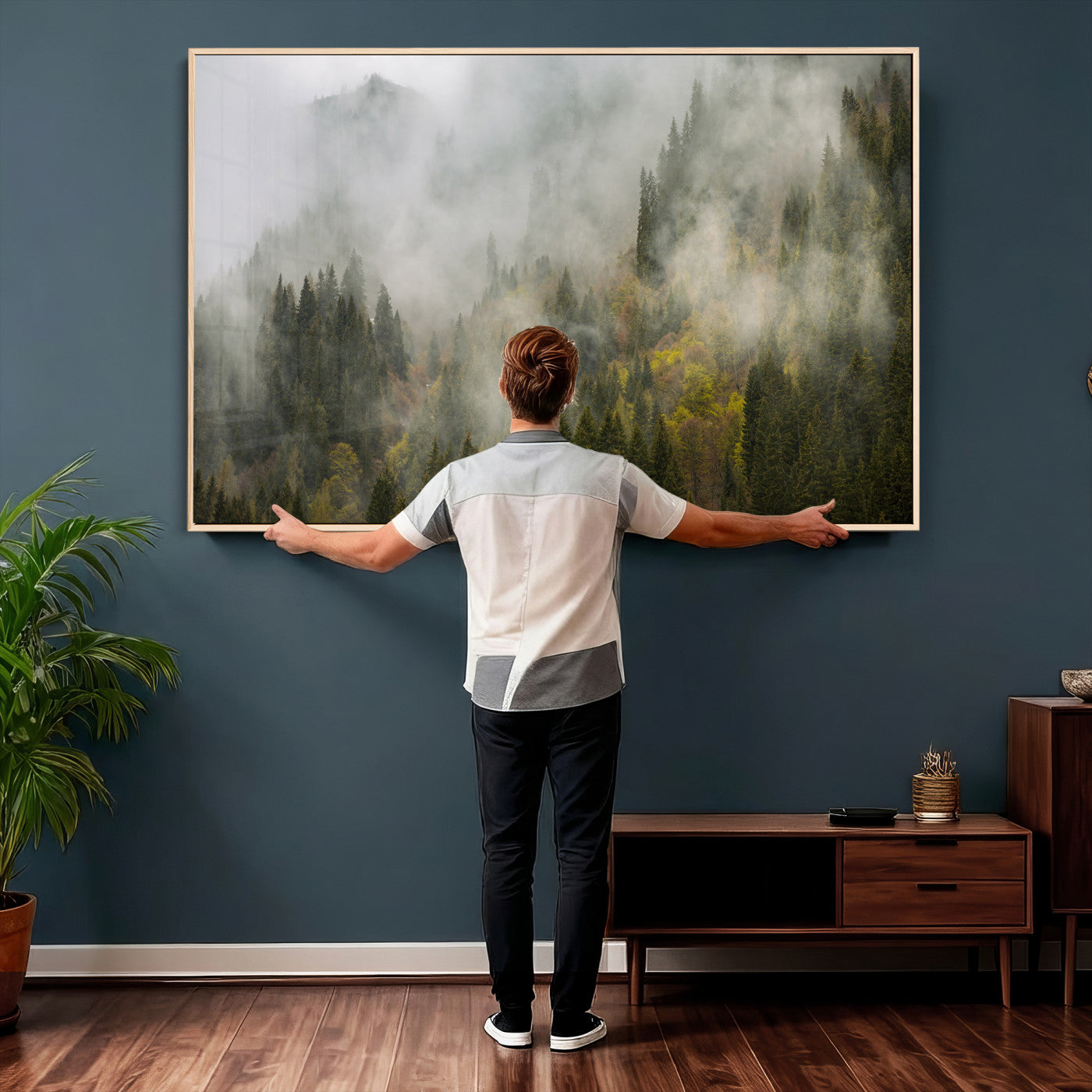 31152954-MGV-CV-36X24 - Misty Mountain Forest Canvas Print, Foggy Pine Trees Nature Wall Art, Framed Canvas Ready to Hang