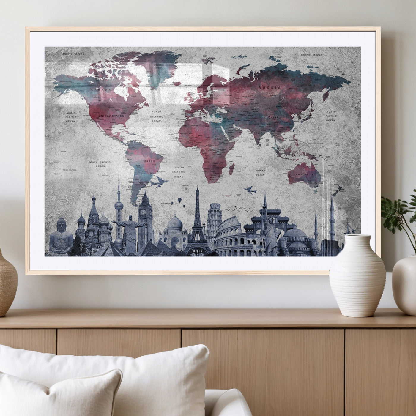 MGC-FP-36x24 - Push Pin World Map Canvas Print – Framed Wall Art for Couples to Track Their Travels – Anniversary