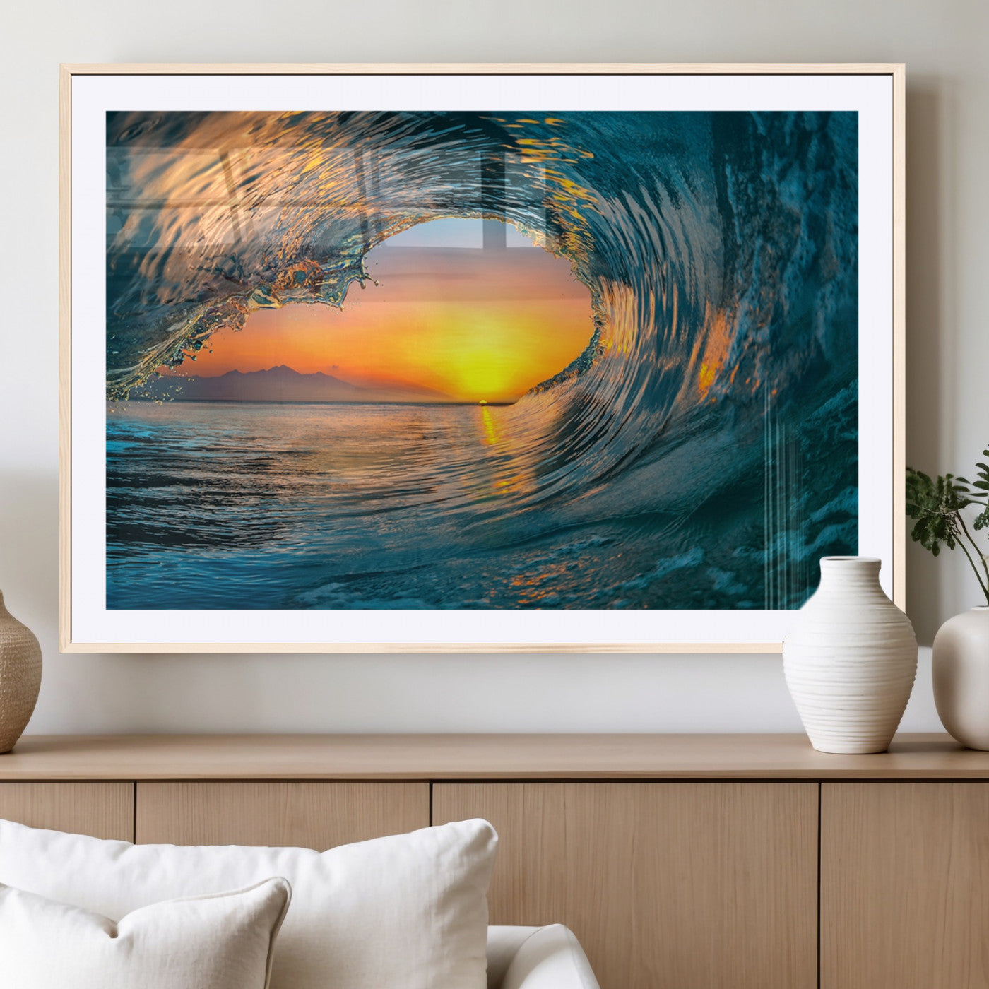 MGC-FP-36x24 - Ocean Wave Sunset Wall Art | Large Coastal Wave Canvas Print | 3-Panel Ocean Sunset Seascape for