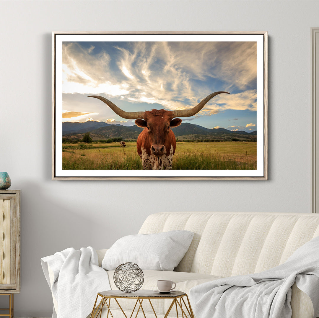 Texas Longhorn Canvas Wall Art – Majestic Triptych Animal Print – Rustic Western Decor for Living Room or Office – Ready to Hang