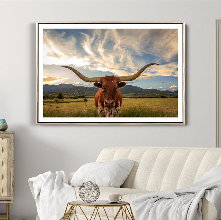 Texas Longhorn Canvas Wall Art – Majestic Triptych Animal Print – Rustic Western Decor for Living Room or Office – Ready to Hang