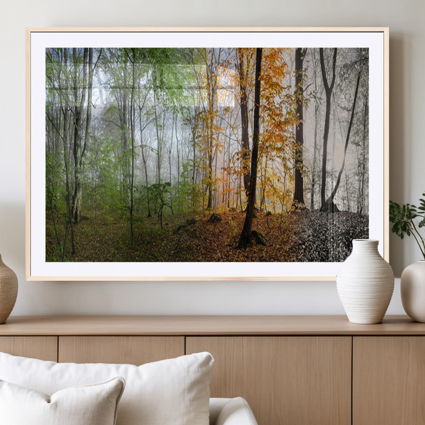 MGC-FP-36x24 - Four Seasons Wall Art Forest Canvas Print – Triptych Seasonal Nature Print – Landscape Decor for