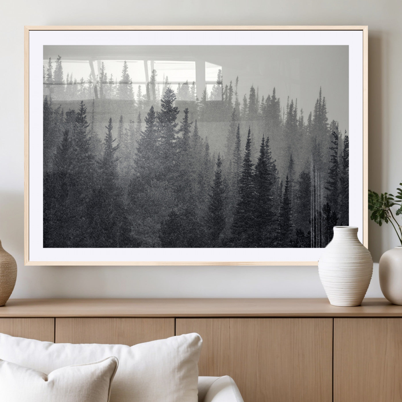 MGC-FP-36x24 - Misty Forest Canvas Wall Art – Monochrome Triptych Pine Tree Print – Nature-Inspired Home Decor –
