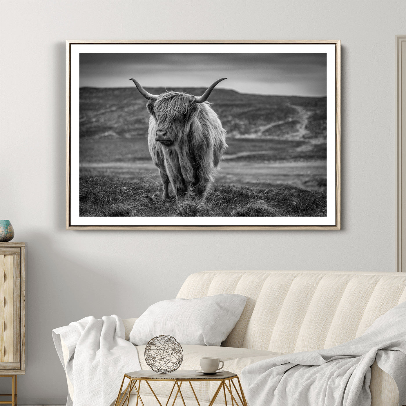 42995-MGV-CV-36X24-Fluffy Cattle Wall Art Print, Highland Cow Canvas, Framed Black and white Wall Art