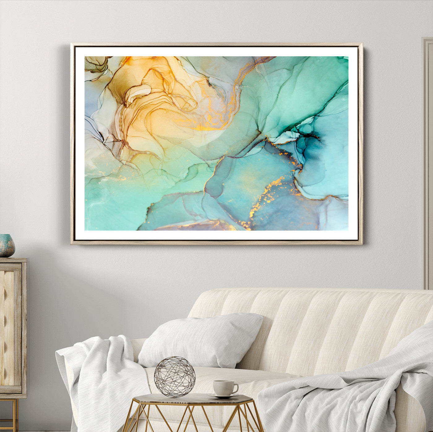 84233-MGV-CV-36X24-Abstract Aqua and Gold Fluid Wall Art Canvas | 3 Panel Large Canvas Print for Living Room, Office, or Modern Space | Elegant Contemporary