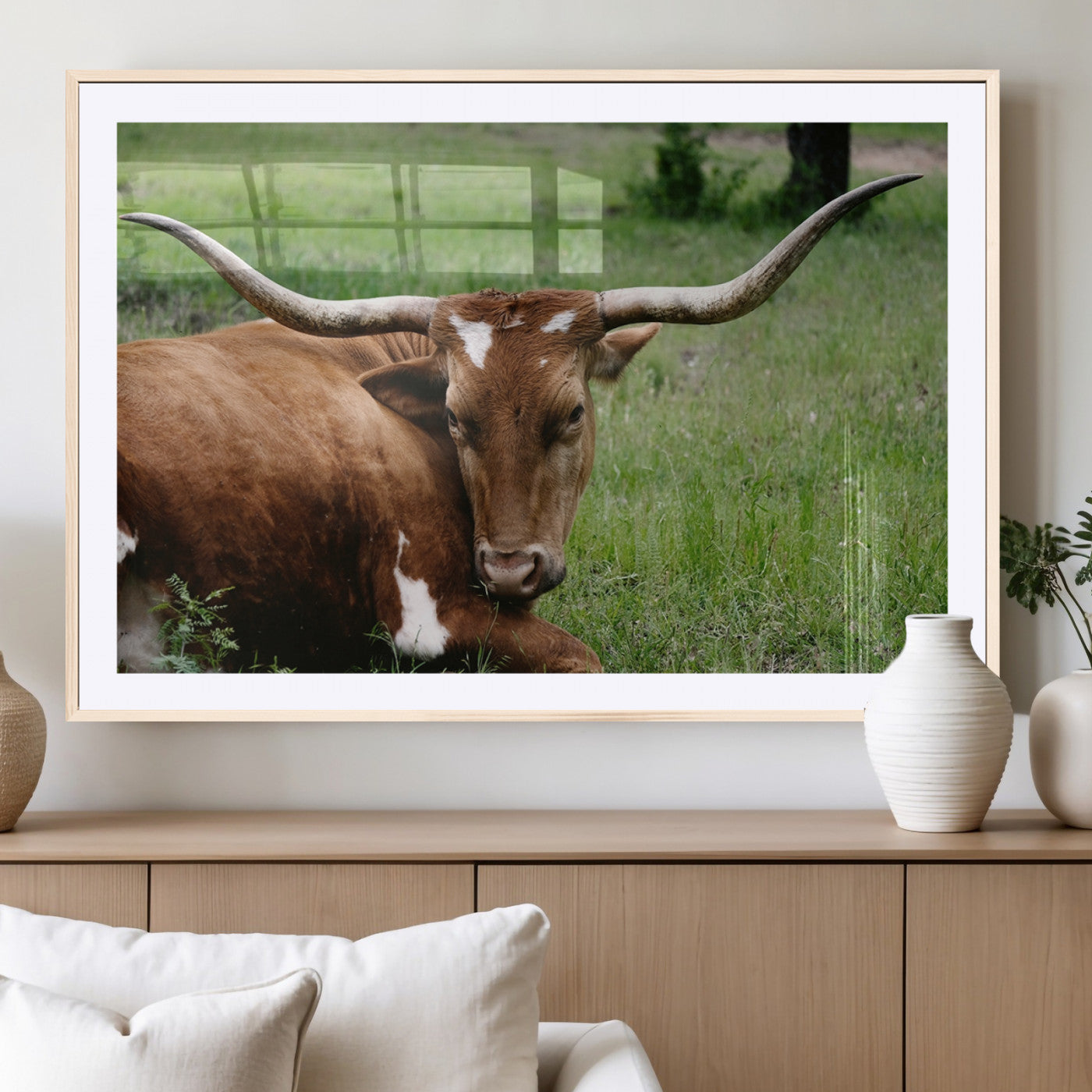 MGC-FP-36x24 - Longhorn Steer Canvas Wall Art – Rustic Nature Triptych Decor for Living Room or Office – Ready to