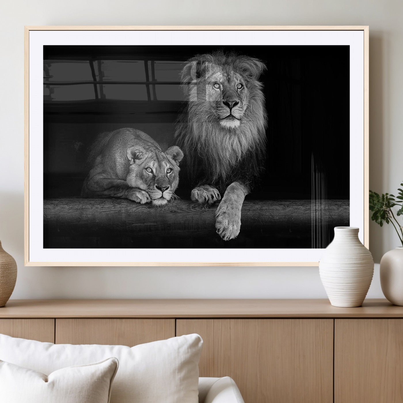 MGC-FP-36x24 - Large Black and White Lion Couple Wall Art Canvas Print