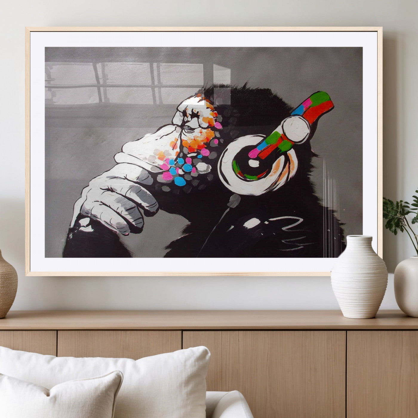 MGC-FP-36x24 - Dj Monkey Listening to Music Wall Art Print | Banksy Monkey Large Canvas Print for Living Room,