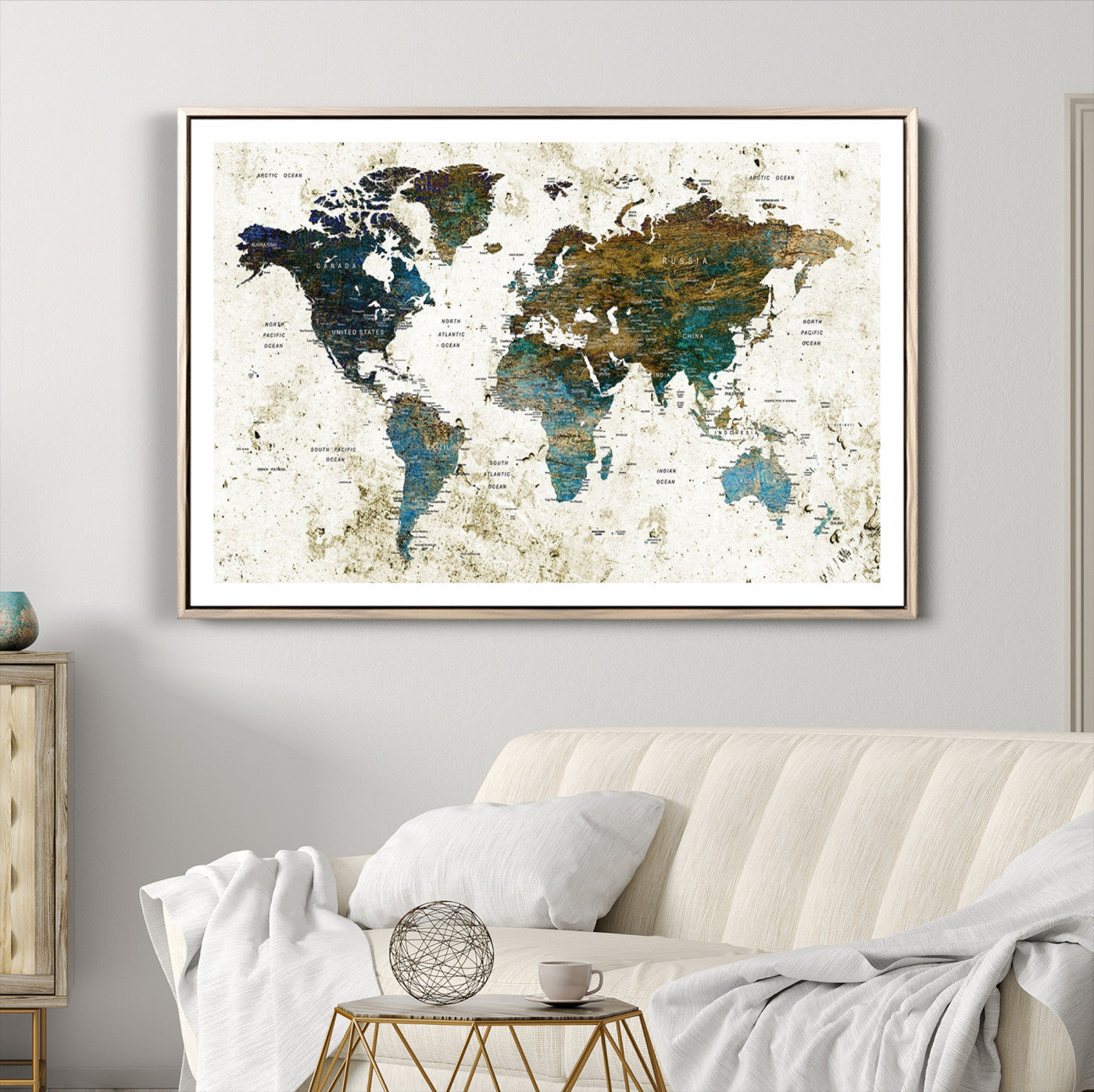 78067-MGV-CV-36X24-Vintage World Map Wall Art Canvas Print, Framed Rustic Earth Map Art Picture Print, Antique Map Perfect Rustic Vintage Decor Artwork