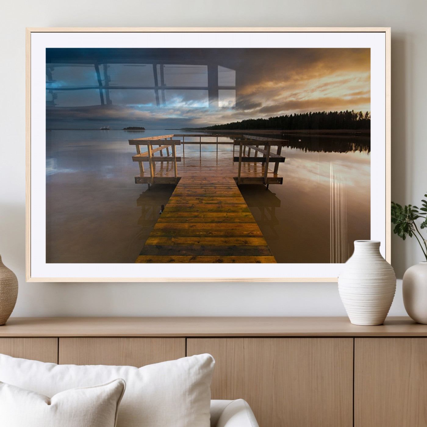 MGC-FP-36x24 - Serene Lake Pier at Sunset Canvas Print | Landscape Canvas Print | Ready to Hang and Framed Wall Art