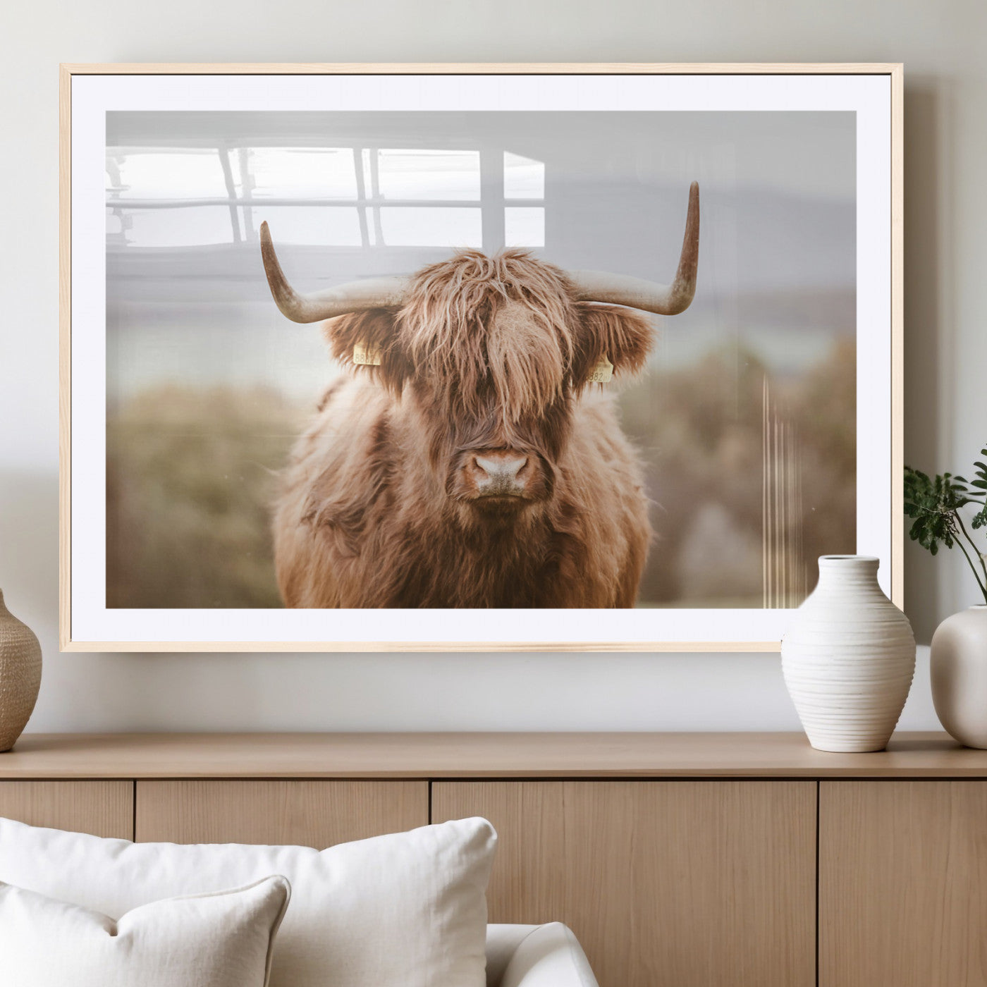 MGC-FP-36x24 - Scottish Serene Highland Cow Canvas Wall Art – Serene Highland Cow in Natural Pastel Tones – Ready