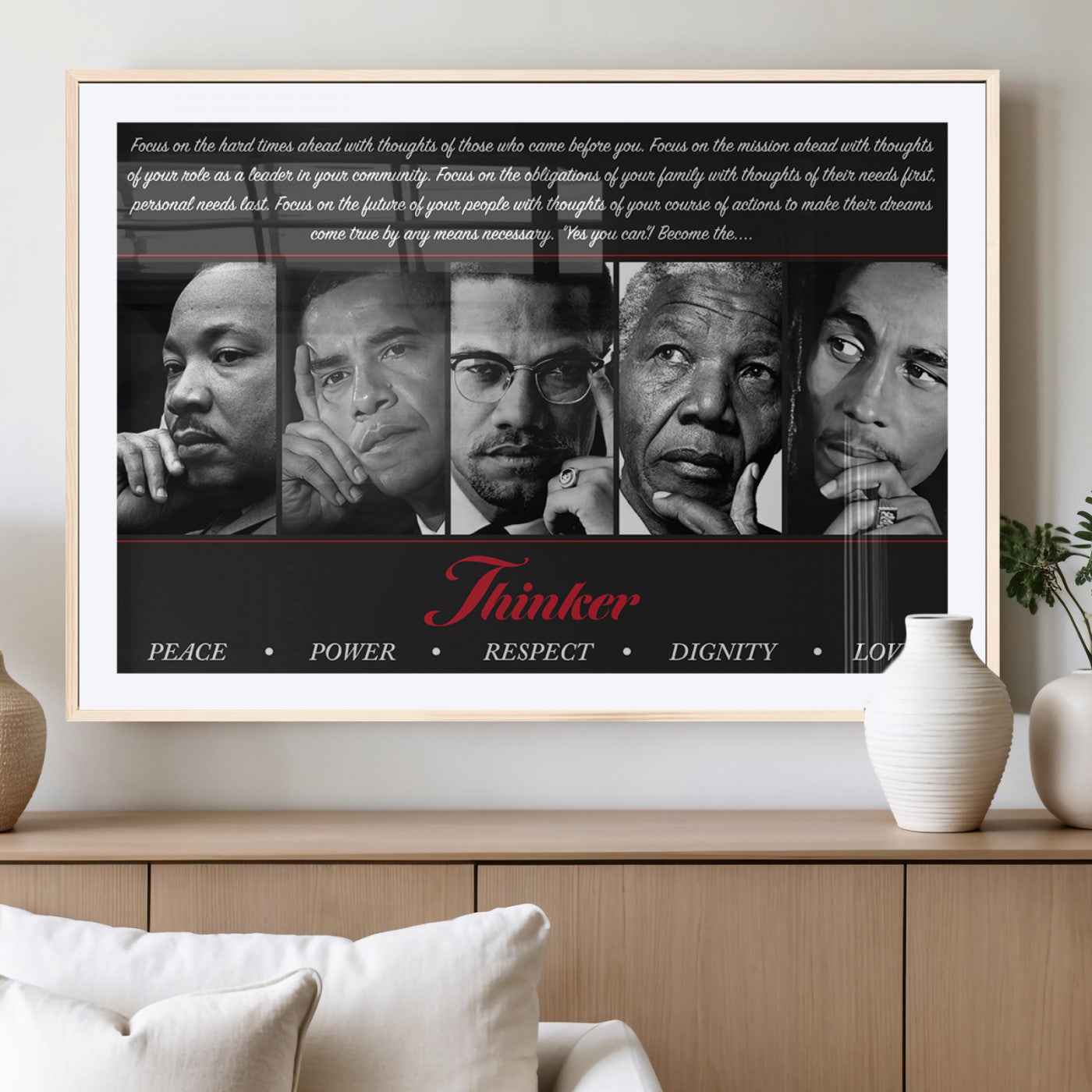 MGC-FP-36x24 - Thinker Quintet Canvas Wall Art – Martin, Obama, Malcolm X, Mandela, Marley Featuring Peace, Power,