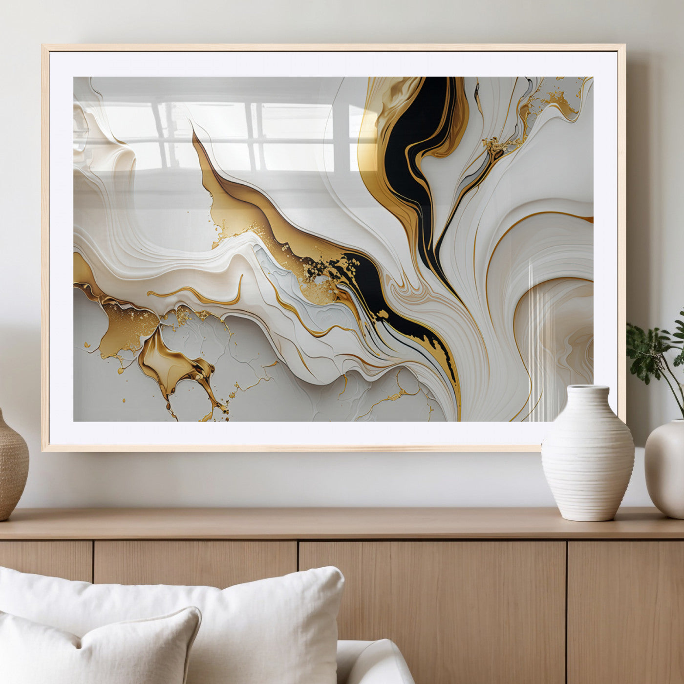 -Gold Waves on Pure White Canvas – Gold Abstract Art for Modern Interiors | Wall Art Canvas, Framed &
