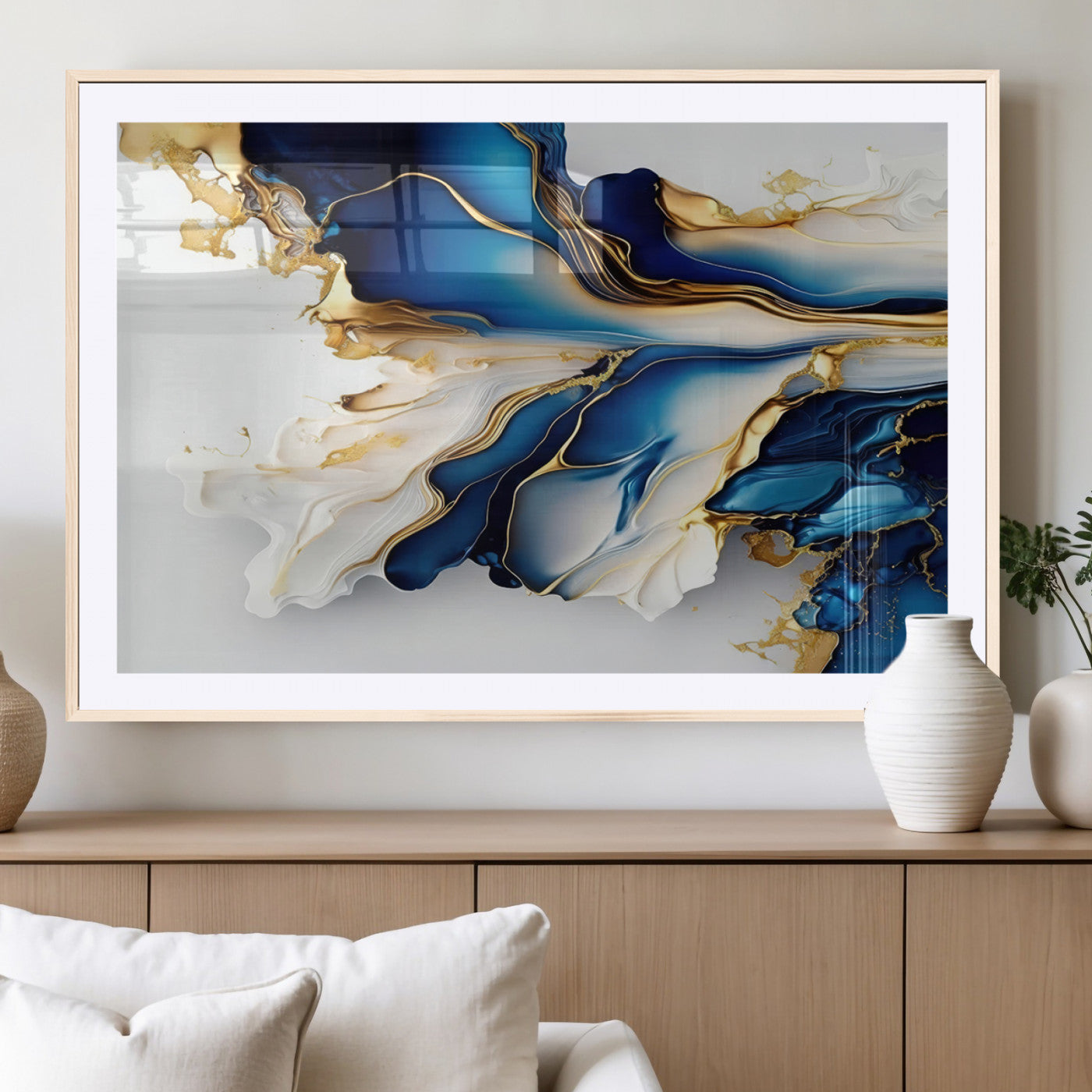 MGC-FP-36x24 - Gold Marble Art - Abstract Geode Gold And Blue Marble Shape 3 Pieces Wall Art Canvas Print