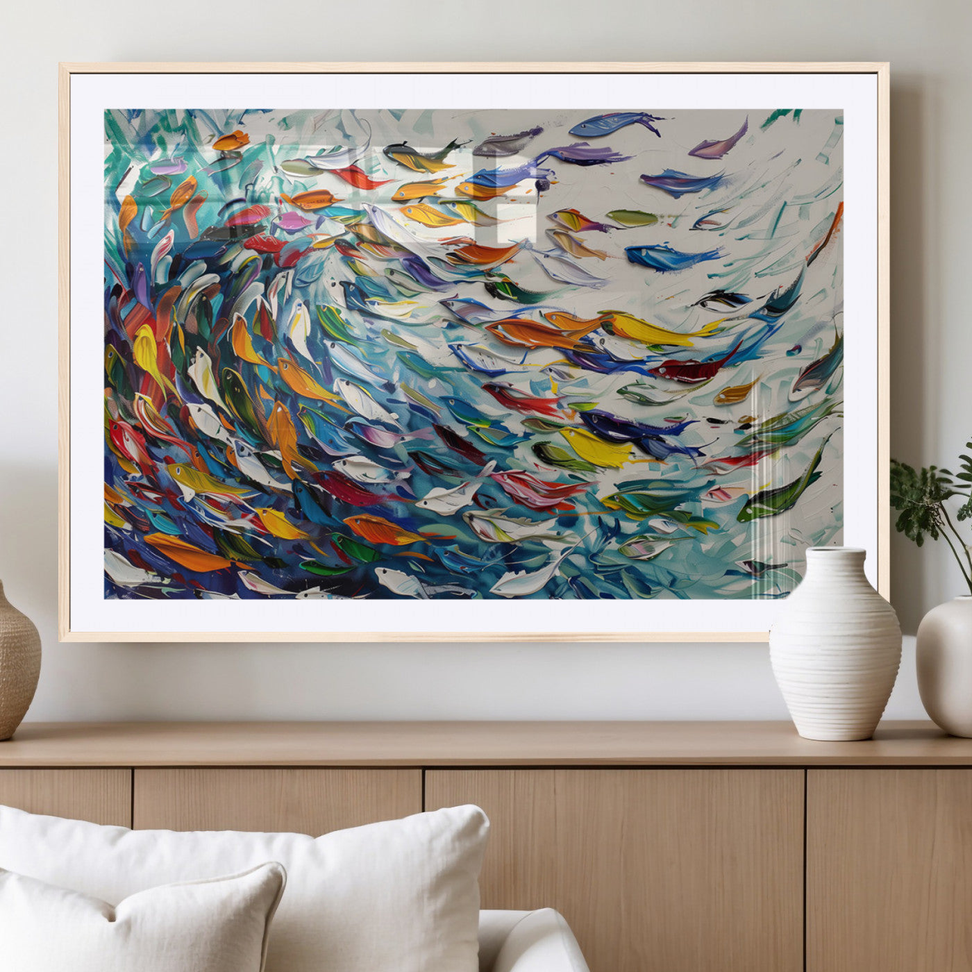 MGC-FP-36x24 - Modern Abstract Fish Shoal Wall Art Canvas Print, Colorful Fish Herd Painting on Canvas Print, Ocean
