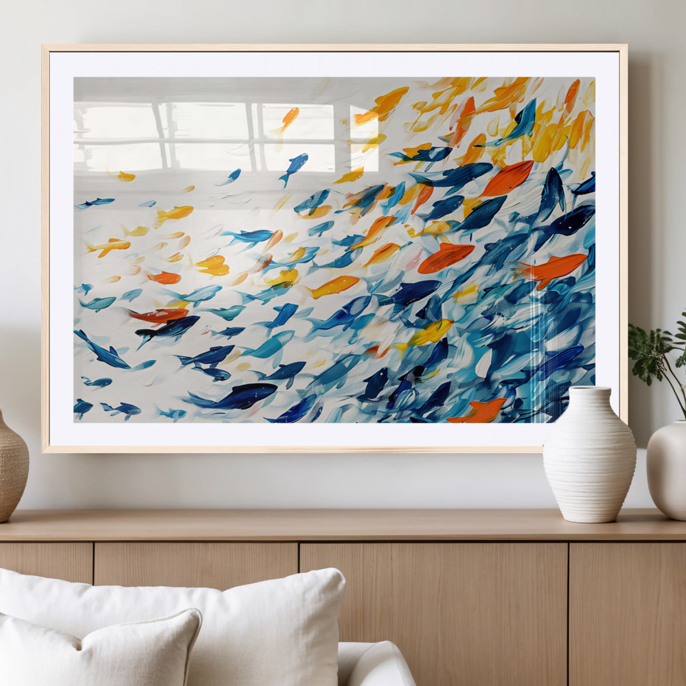 MGC-FP-36x24 - Abstract Fish Shoal Wall Art Canvas Print, Colorful Fish Herd Painting on Canvas Print, Ocean Animal