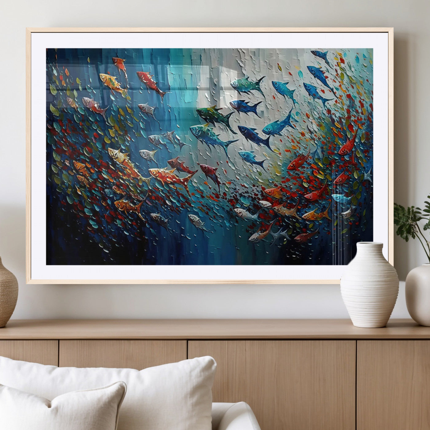 MGC-FP-36x24 - Modern Abstract Fish Shoal Wall Art Canvas Print, Colorful Fish Herd Painting on Canvas Print, Ocean