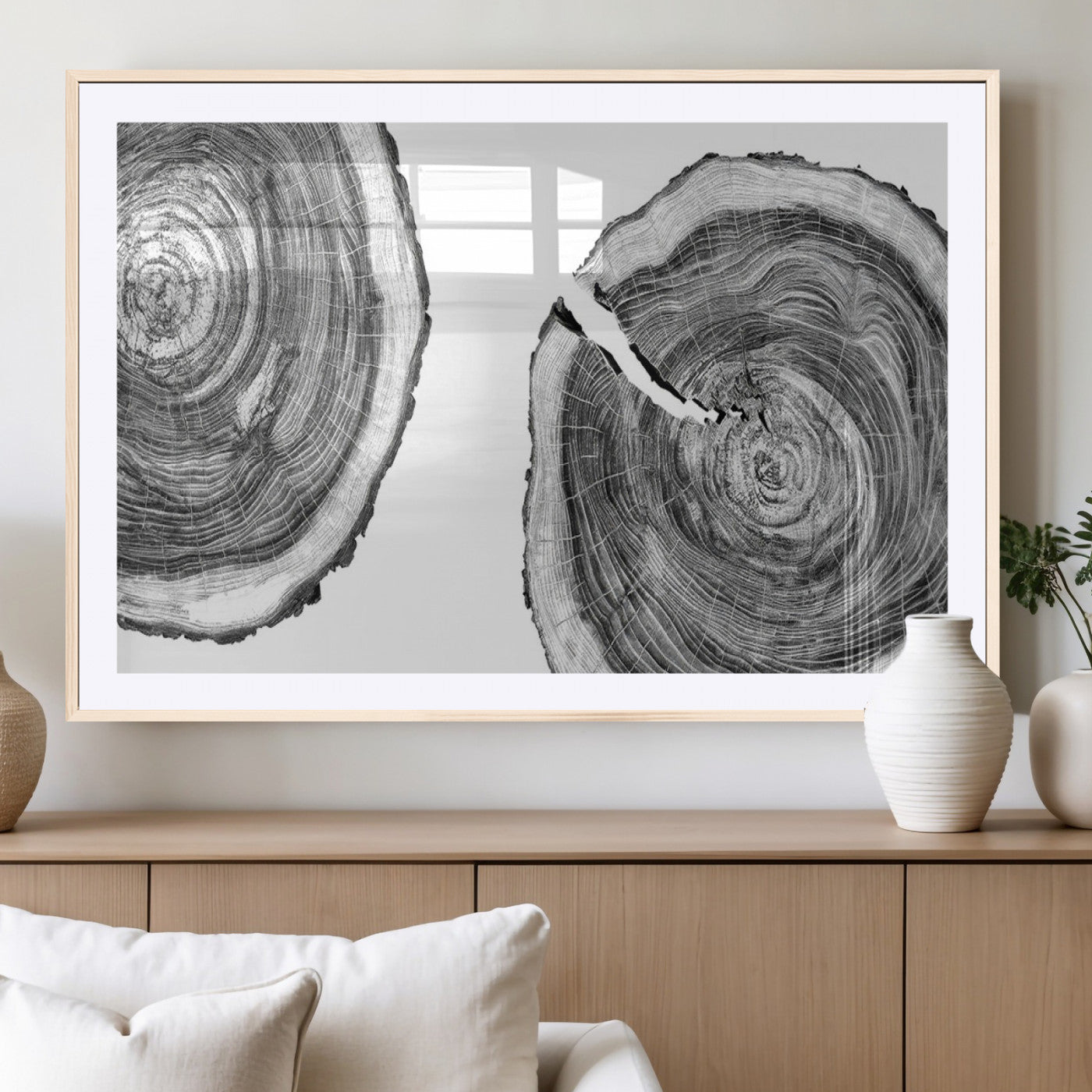 MGC-FP-36x24 - Modern Black and White Tree Rings Canvas Wall Art – Nature Inspired Wood Slice Print – Minimalist