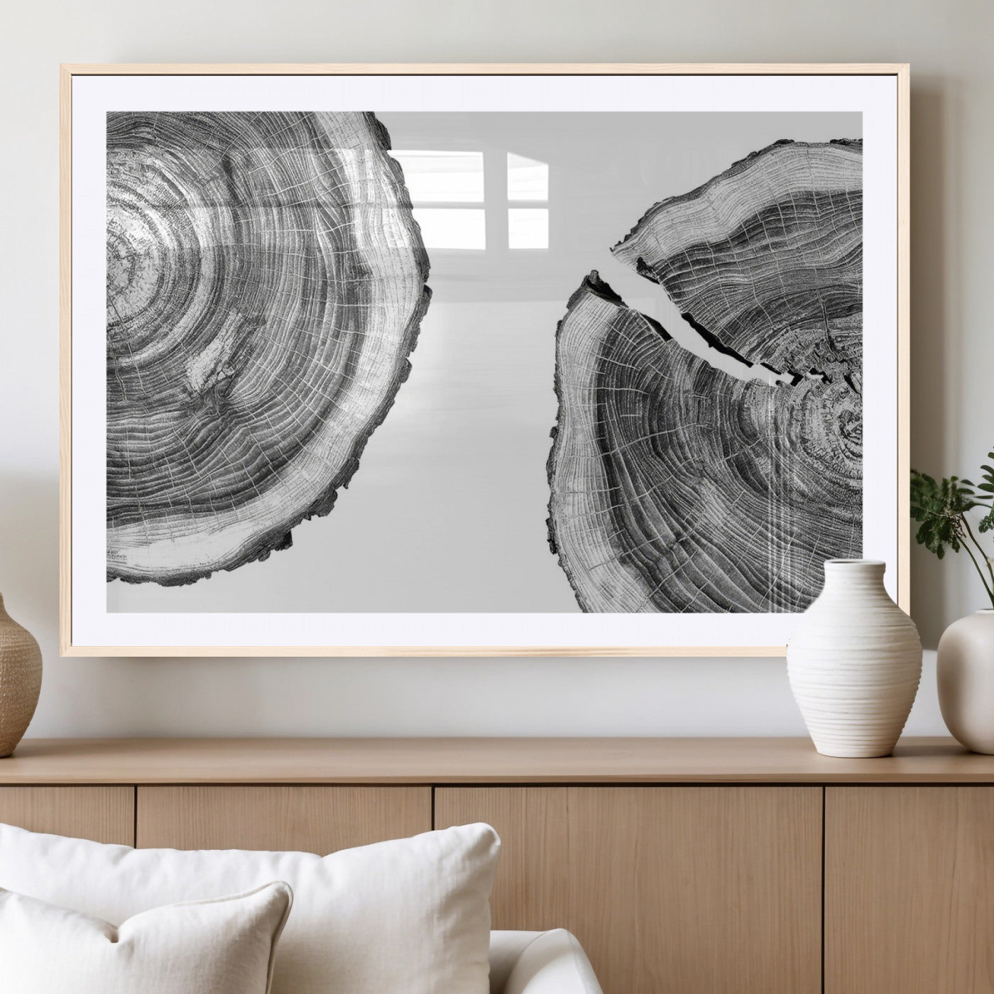 MGC-FP-36x24 - Abstract Large Tree Rings – Minimalist Black and White Wood Art | Triptych Canvas, Modern Wall Decor