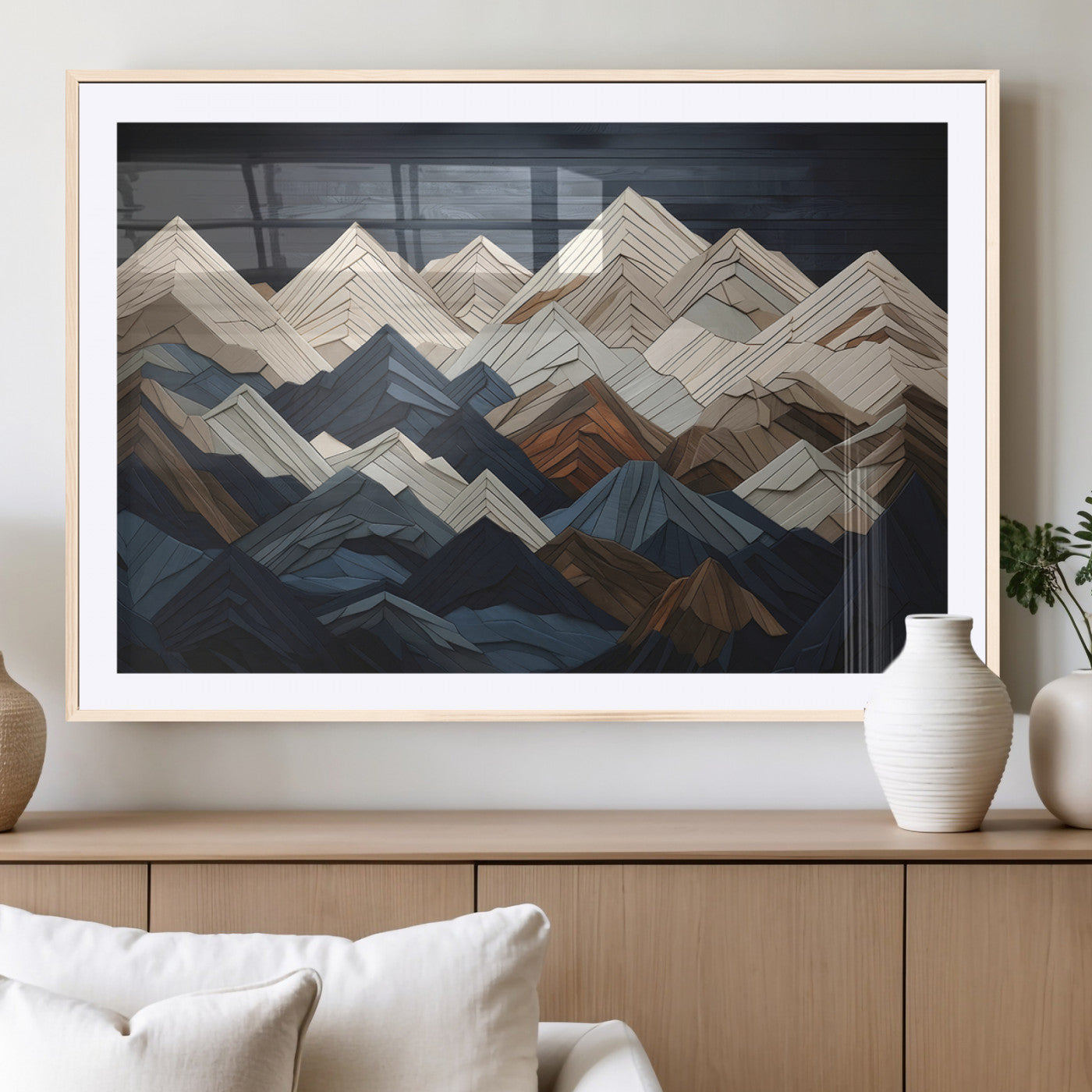 MGC-FP-36x24 - Mountain Range Art Wood Style Wall Art - Ready to Hang 3-Piece Set for Modern Rustic Decor, Abstract