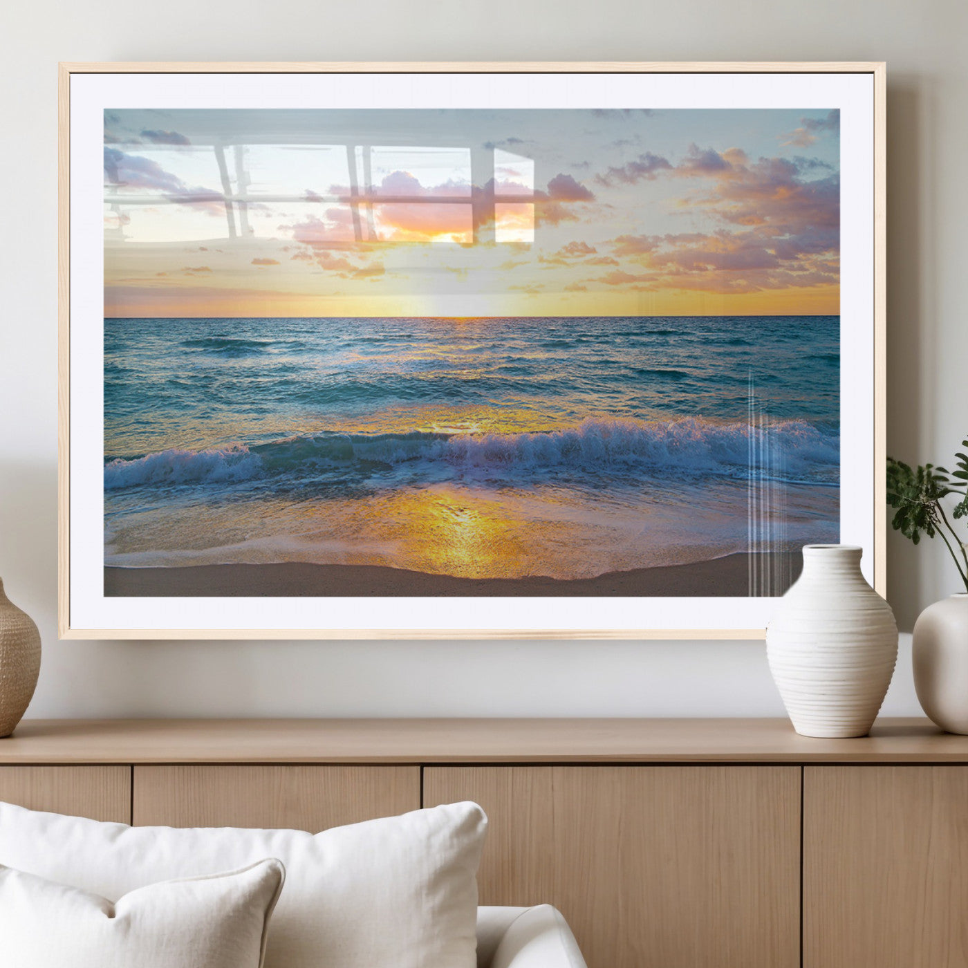 MGC-FP-36x24 - Golden Sunset Over Ocean Waves - Serene Coastal Triptych Wall Art for Relaxing Home Decor, Ready to