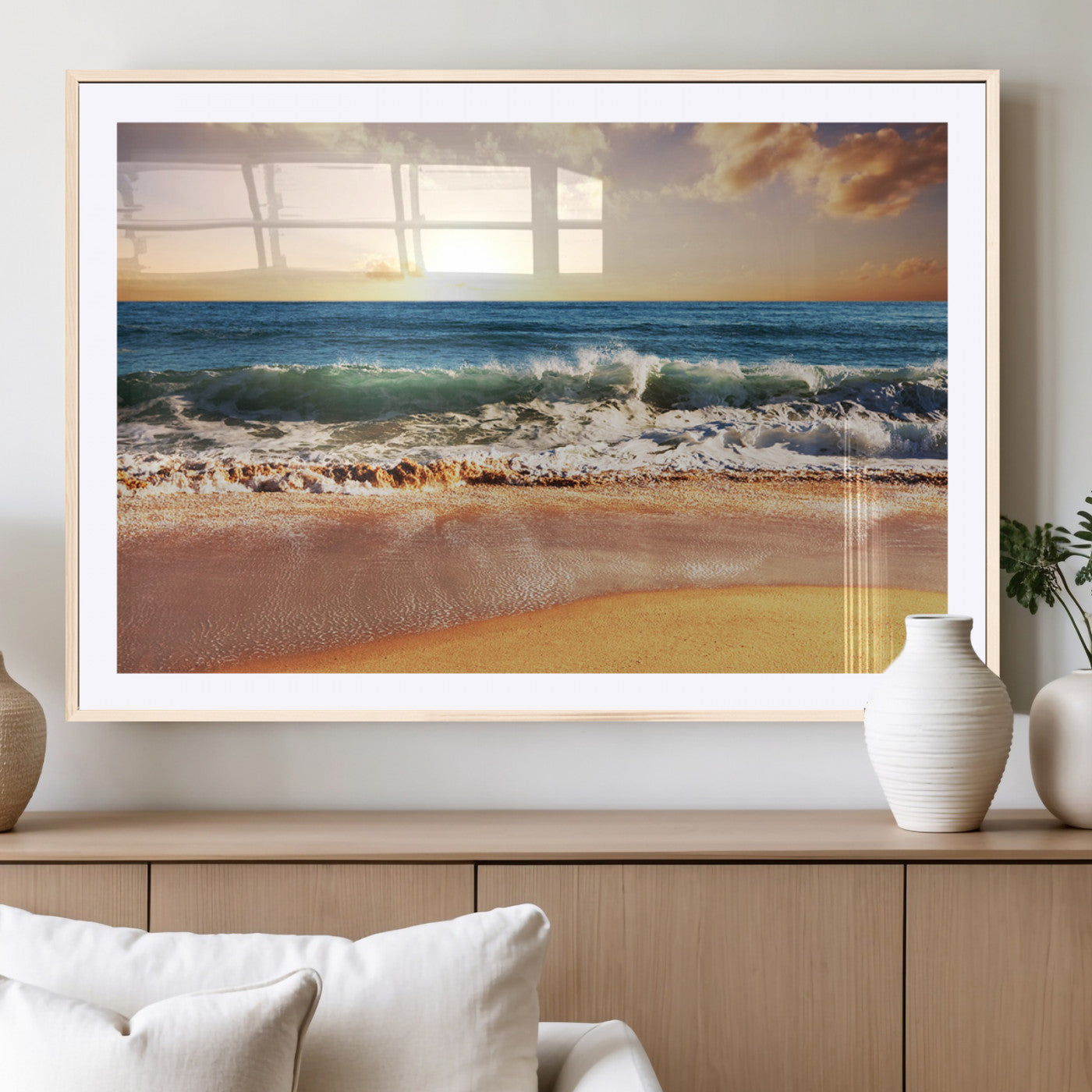 MGC-FP-36x24 - Sunset Beach Wall Art - 3-Panel Framed Canvas Print, Ready to Hang Ocean Sunset for Coastal and