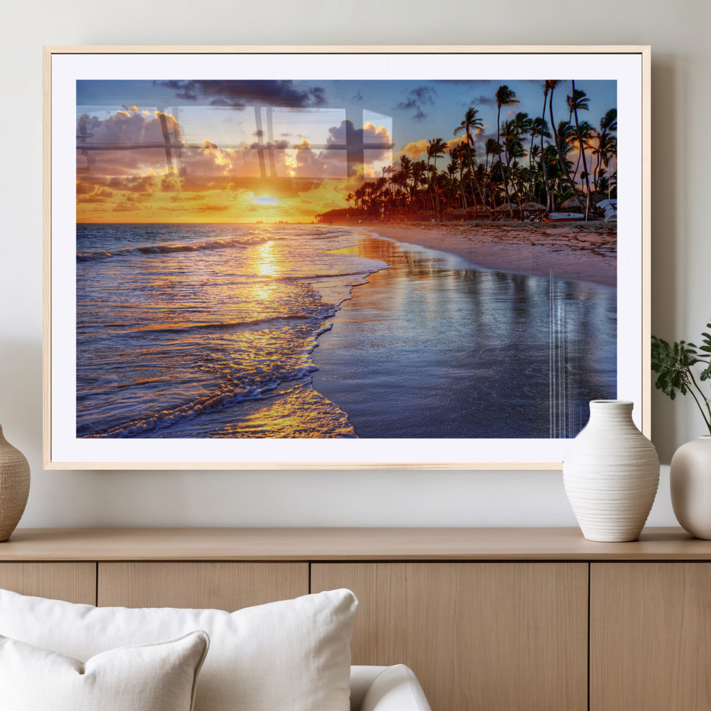 MGC-FP-36x24 - Serene Beach Sunset Wall Art Canvas- Coastal Seascape Print for Living Room or Bedroom, Ocean Waves