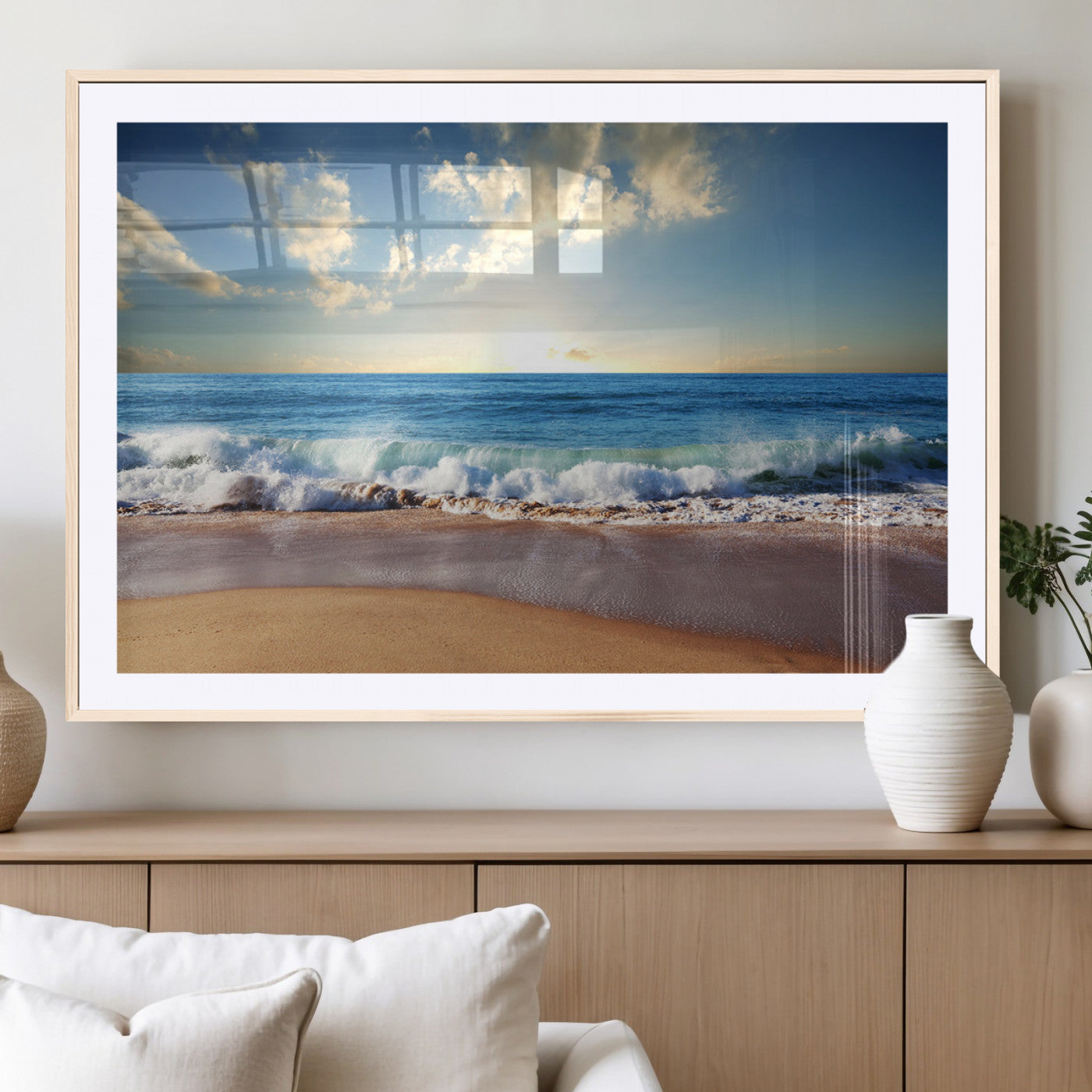 MGC-FP-36x24 - Serene Ocean Sunset Canvas Wall Art - Beach Waves at Sunset, Ready to Hang