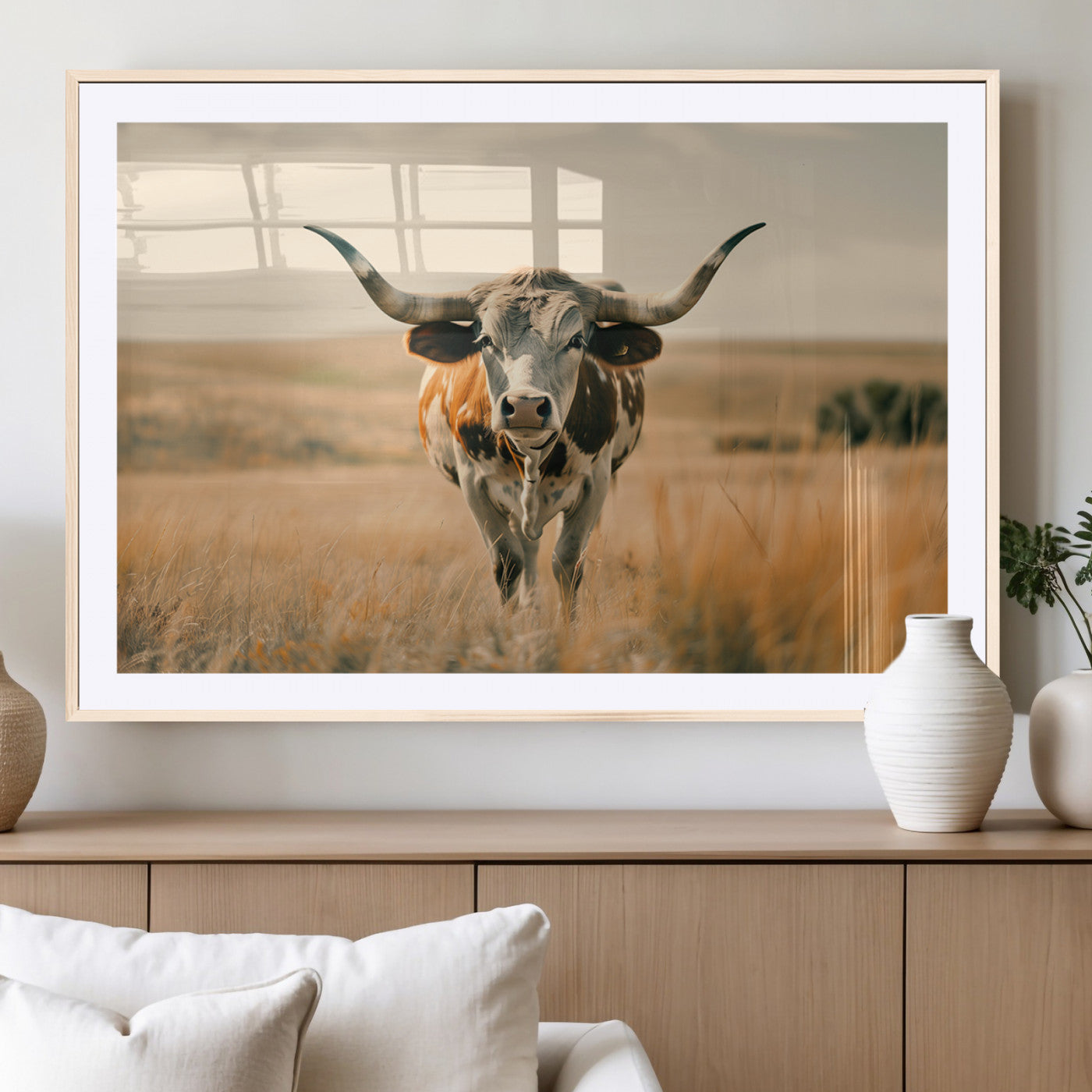 MGC-FP-36x24 - Texas Cow Longhorn Wall Art Canvas Print for Farm House Wall Decor, Farmhouse Cow Print Canvas Wall