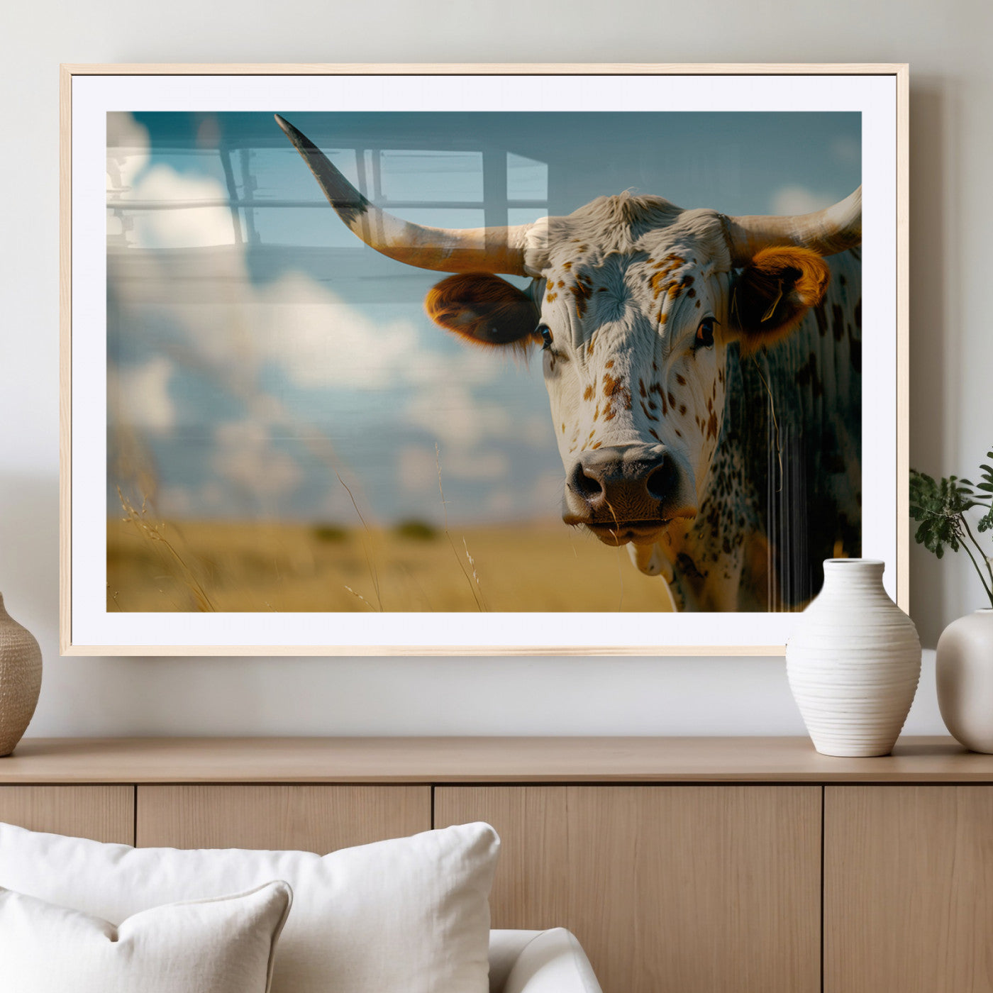 MGC-FP-36x24 - Longhorn in the Prairie - Stunning Ranch-Style Triptych Wall Art for Western Home Decor, Cowboy Wall
