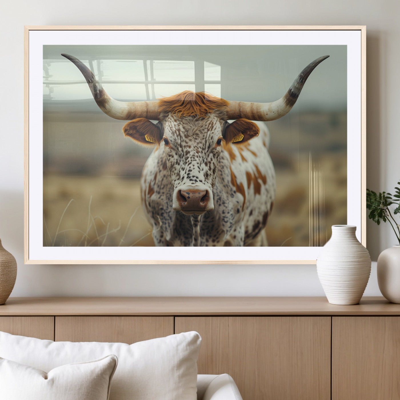 MGC-FP-36x24 - Texas Cow Longhorn Wall Art Canvas Print for Farm House Wall Decor, Farmhouse Wall Art Print