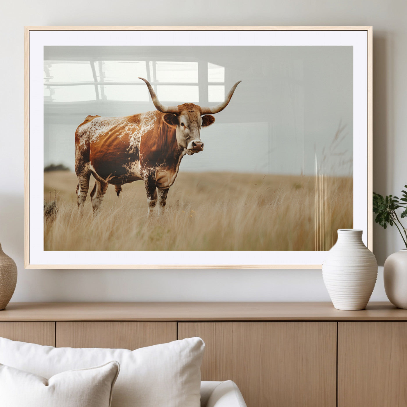 MGC-FP-36x24 - Texas Longhorn Canvas Wall Art Print – Majestic Western Cattle in Rustic Farmhouse Decor – Cow Wall