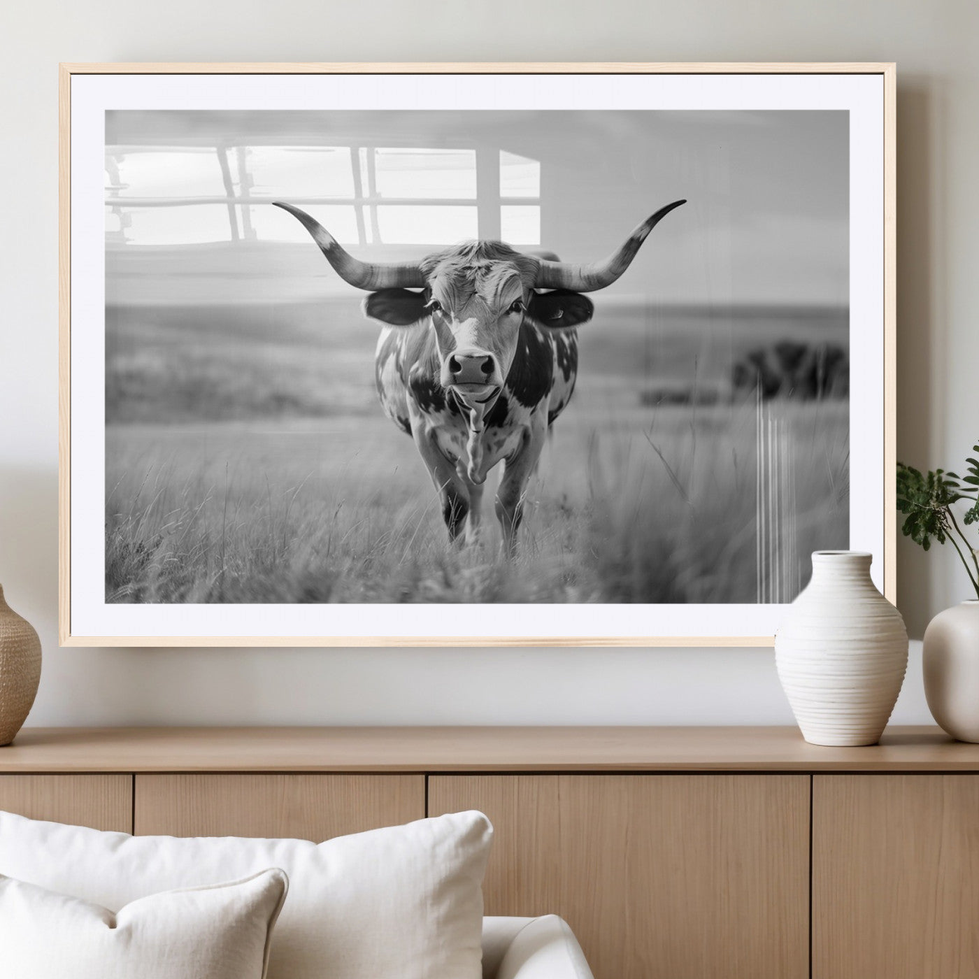 MGC-FP-36x24 - Texas Cow Longhorn Wall Art Canvas Print for Farm House Wall Decor, Farmhouse Wall Art Print