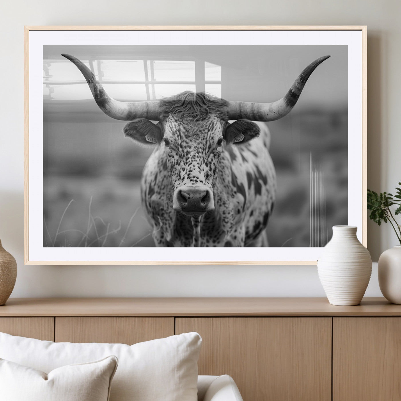 MGC-FP-36x24 - Texas Cow Longhorn Wall Art Canvas Print for Farm House Wall Decor, Farmhouse Wall Art Print