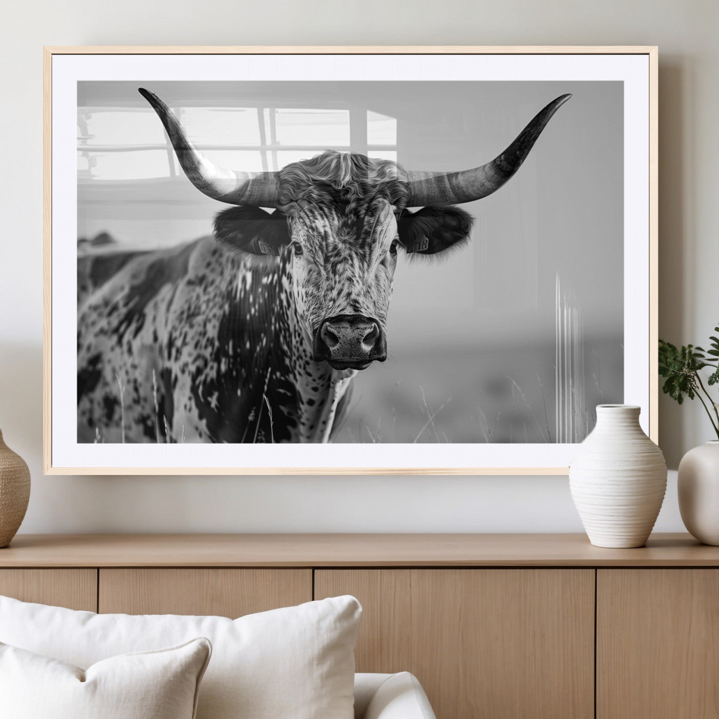MGC-FP-36x24 - Texas Highland Cow Longhorn Canvas Print - Rustic Farmhouse Wall Art - Large Texas Longhorn