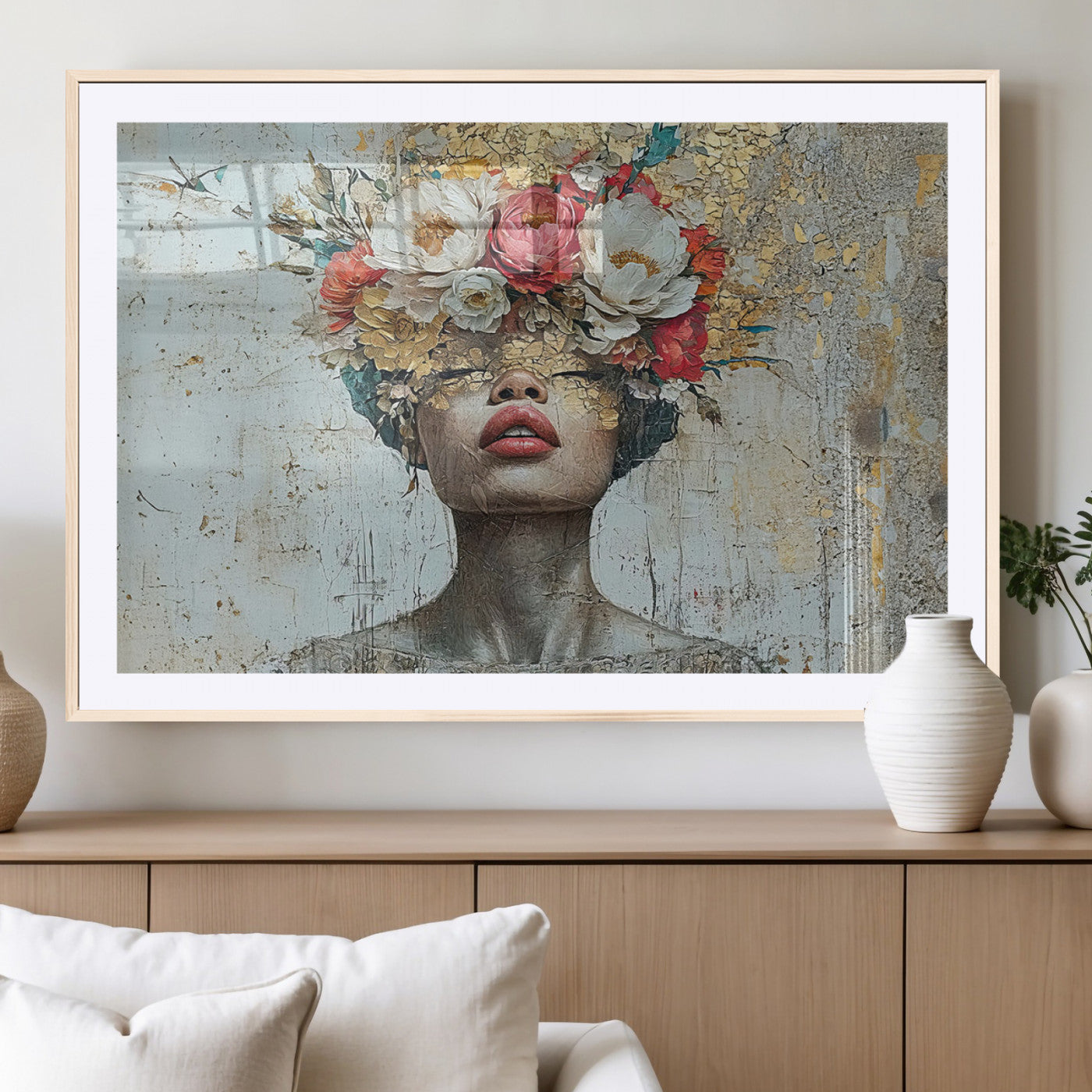 MGC-FP-36x24 - Golden Petal Wall Art Canvas Print - Silhouette Woman Wall Art Canvas Print, Floral Woman Portrait