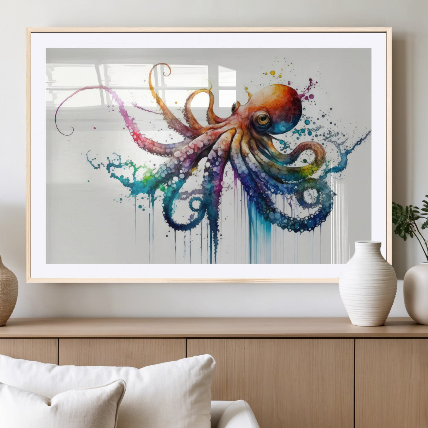 MGC-FP-36x24 - Watercolor Vibrant Octopus Wall Art Canvas Print | Abstract Sea Life Art | Colorful Marine Creature