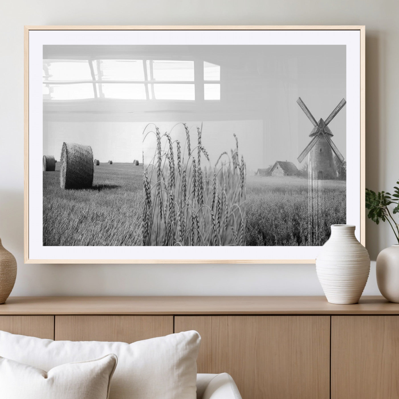 MGC-FP-36x24 - Vintage Farmhouse Black and White Triptych Wall Art – Giclee Canvas Featuring Wheat Fields, Hay