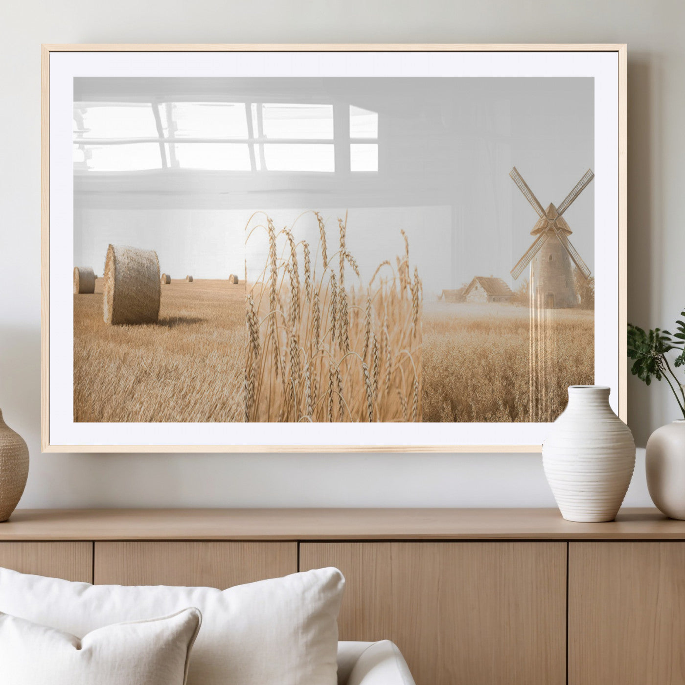 MGC-FP-36x24 - Vintage Farmhouse Triptych Wall Art – Giclée Canvas Featuring Wheat Fields, Hay Bales, and a