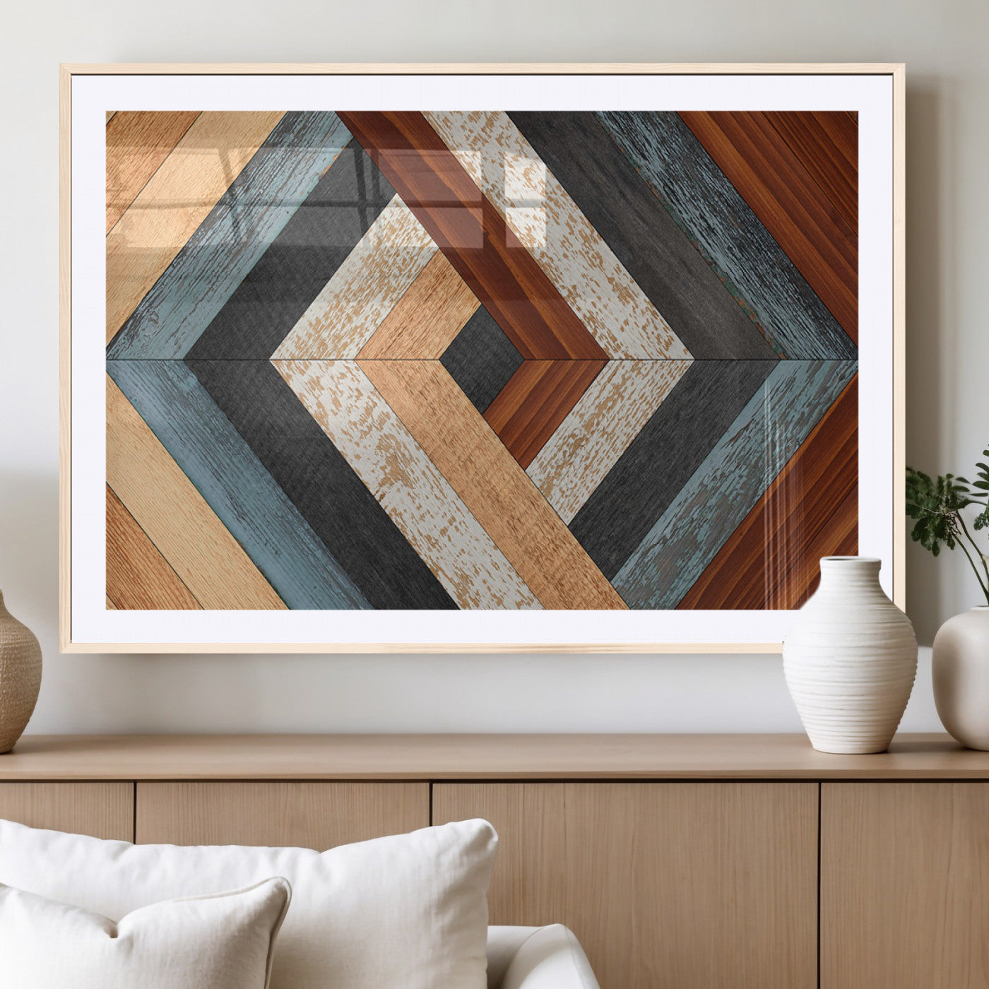 MGC-FP-36x24 - Geometric Wood Art Wall Decor Canvas Print, Rustic Wooden Pattern Triptych Wall Art for Living Room