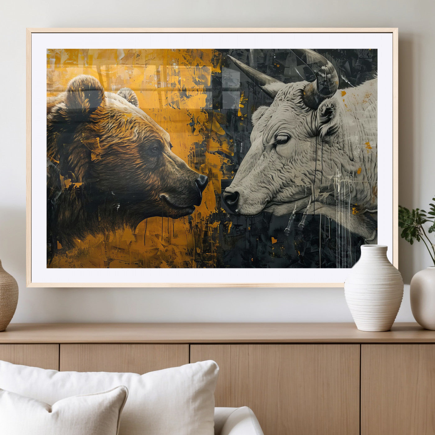 MGC-FP-36x24 - Bear and Bull Wall Art Canvas Print – Abstract Animal Portrait Painting for Modern Home Decor –