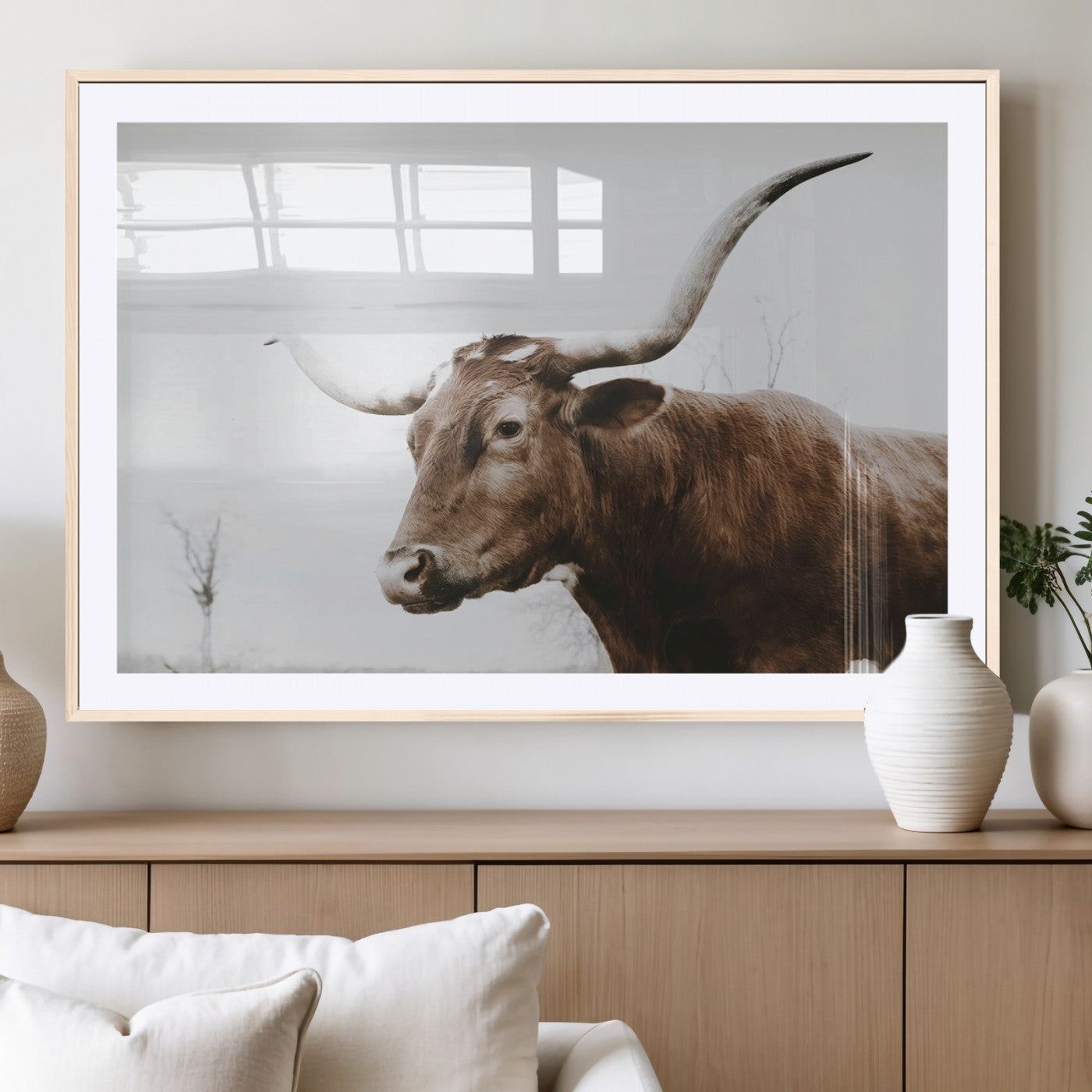 MGC-FP-36x24 - Rustic Bull Wall Art Canvas Print – Modern Longhorn Farmhouse Animal Decor – Abstract Farm Cow